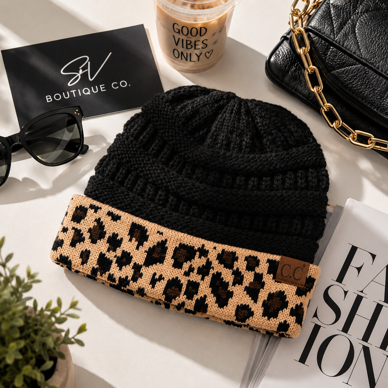C.C  Beanie with Leopard Cuff