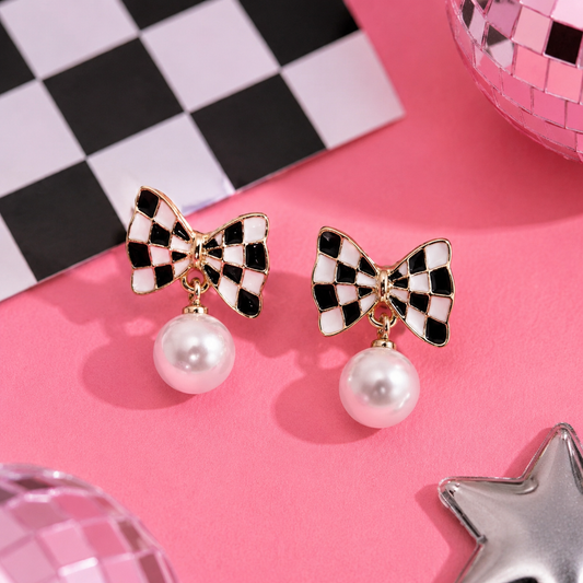 Checker Bow Pearl Drop Earrings - SV Boutique & Co.