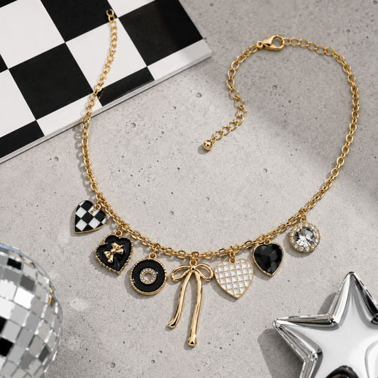 Checkered Heart & Bow Charm Necklace - SV Boutique & Co.