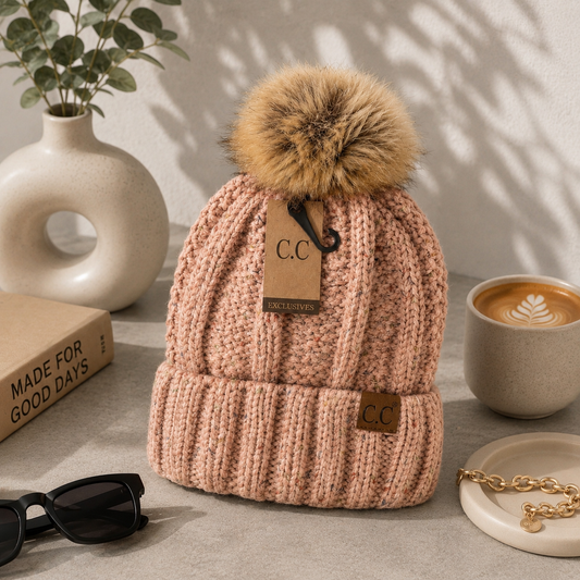 CC Fuzzy Lined Flecked Fur Pom Beanie