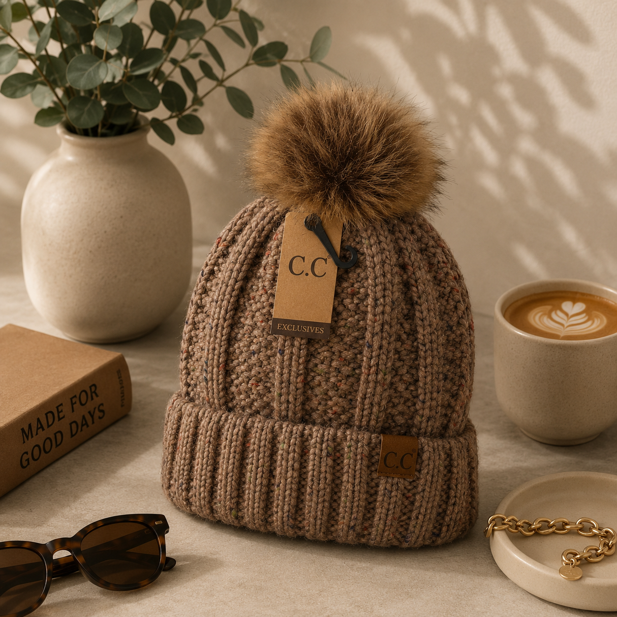 CC Fuzzy Lined Flecked Fur Pom Beanie
