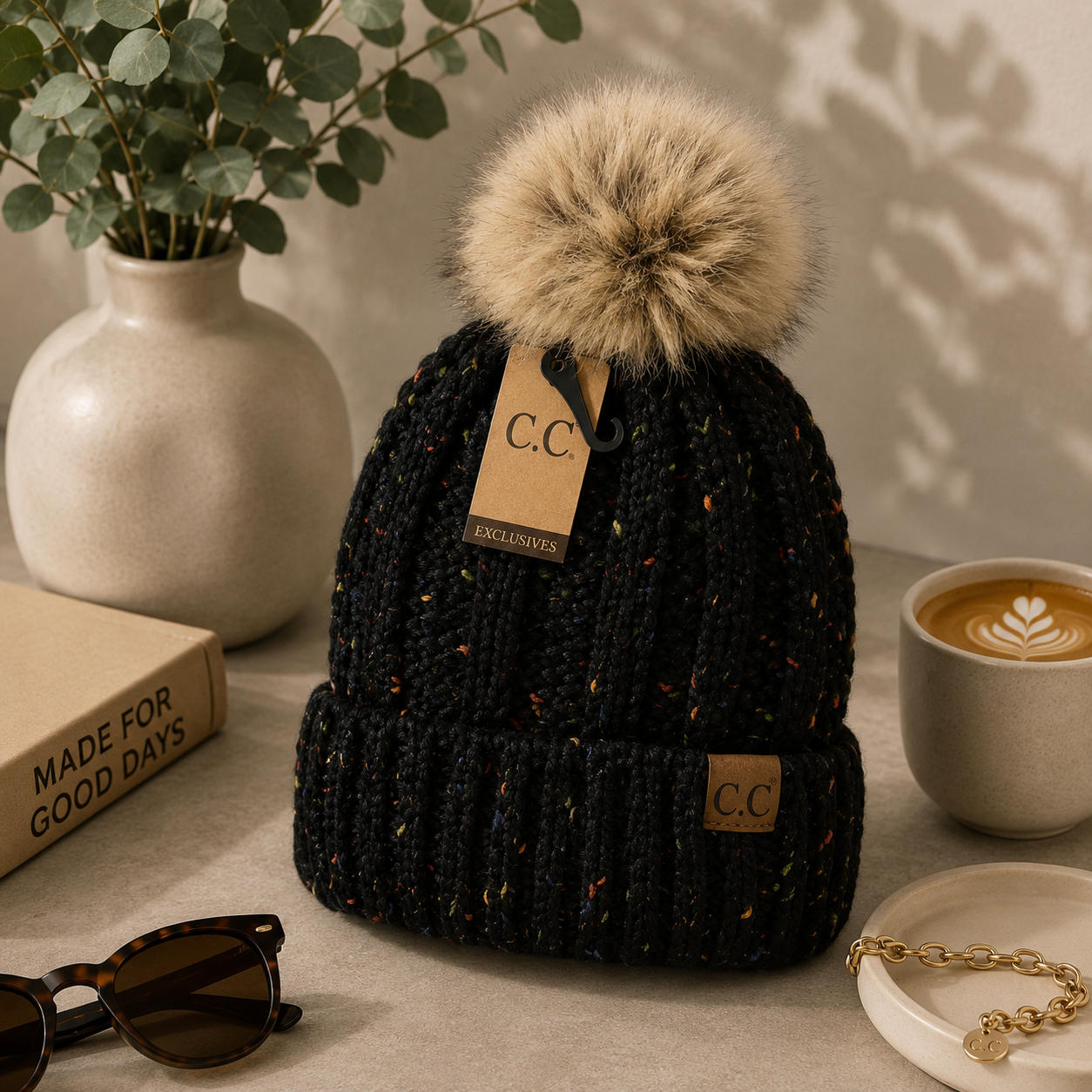 CC Fuzzy Lined Flecked Fur Pom Beanie