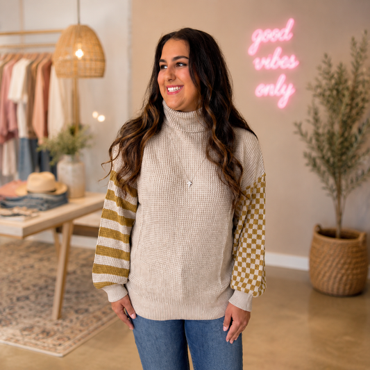Checkered Mocha Turtle Neck Waffle Knitted Sweater FINAL SALE