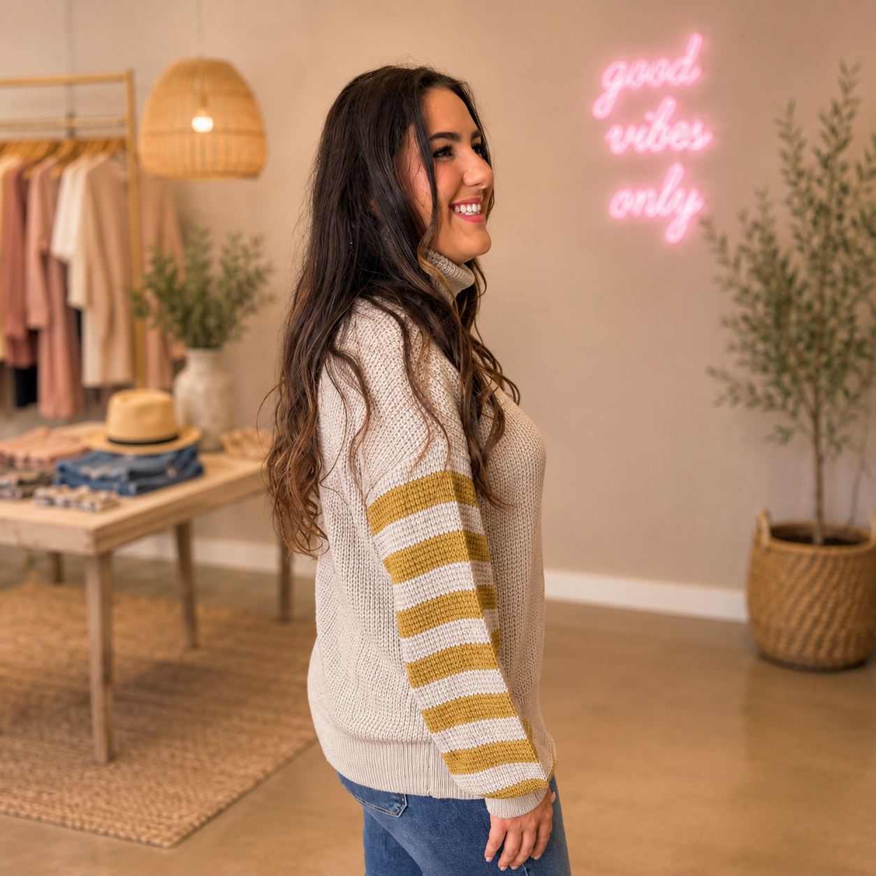 Checkered Mocha Turtle Neck Waffle Knitted Sweater FINAL SALE - SV Boutique & Co.