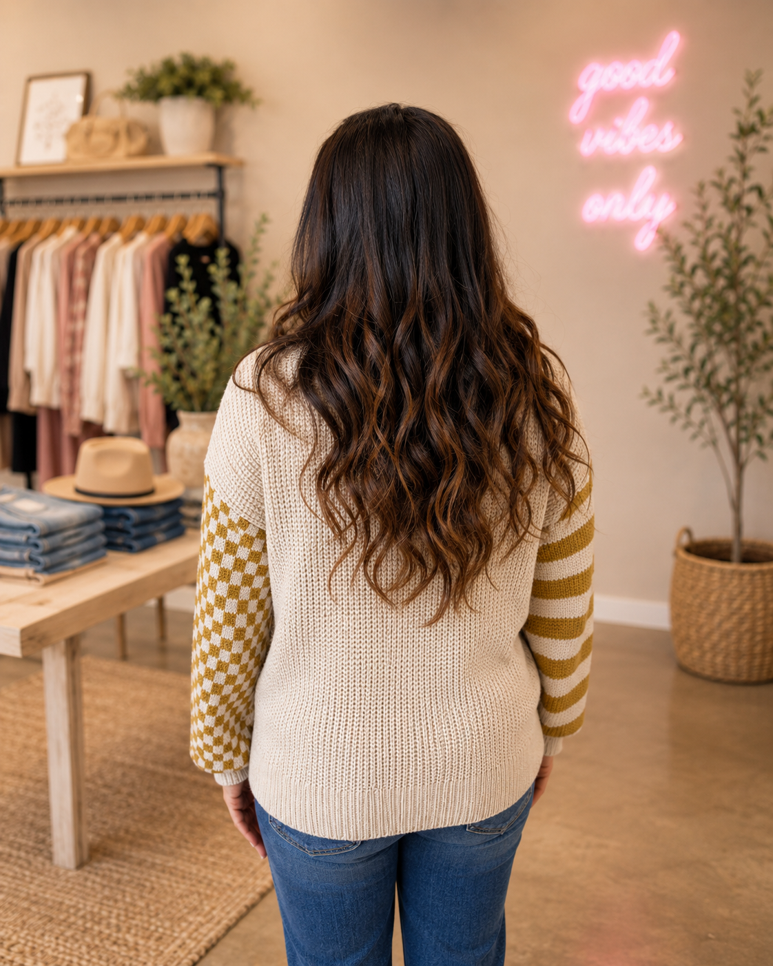 Checkered Mocha Turtle Neck Waffle Knitted Sweater FINAL SALE - SV Boutique & Co.