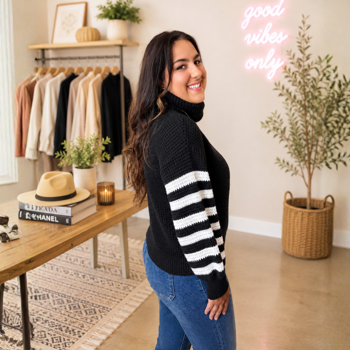Checkered Turtle Neck Waffle Knitted Sweater Black FINAL SALE - SV Boutique & Co.