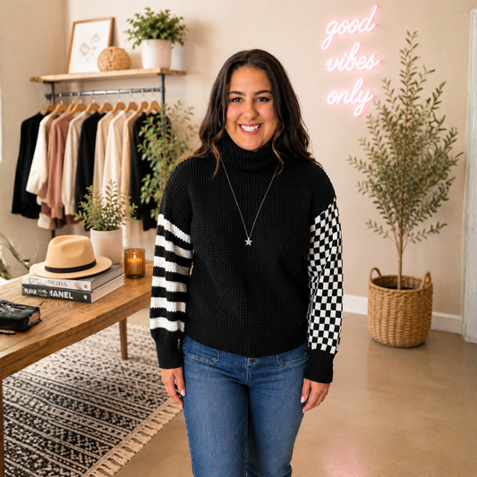 Checkered Turtle Neck Waffle Knitted Sweater Black FINAL SALE