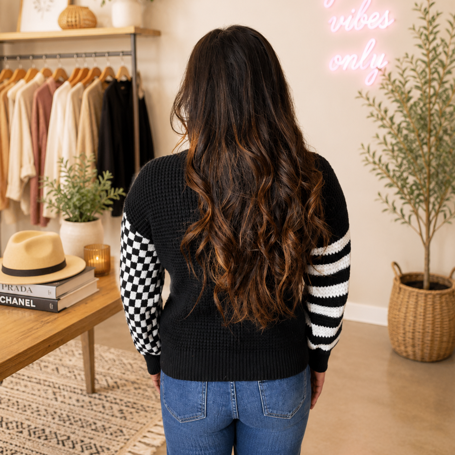 Checkered Turtle Neck Waffle Knitted Sweater Black FINAL SALE - SV Boutique & Co.