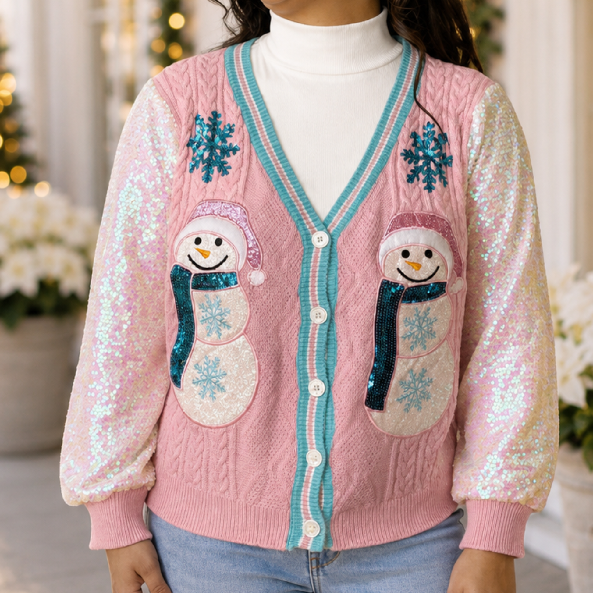 Frosty Snowman Cardigan with Sequin Sleeves Grace + Emma - SV Boutique & Co.