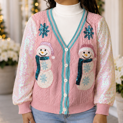 Frosty Snowman Cardigan with Sequin Sleeves Grace + Emma - SV Boutique & Co.
