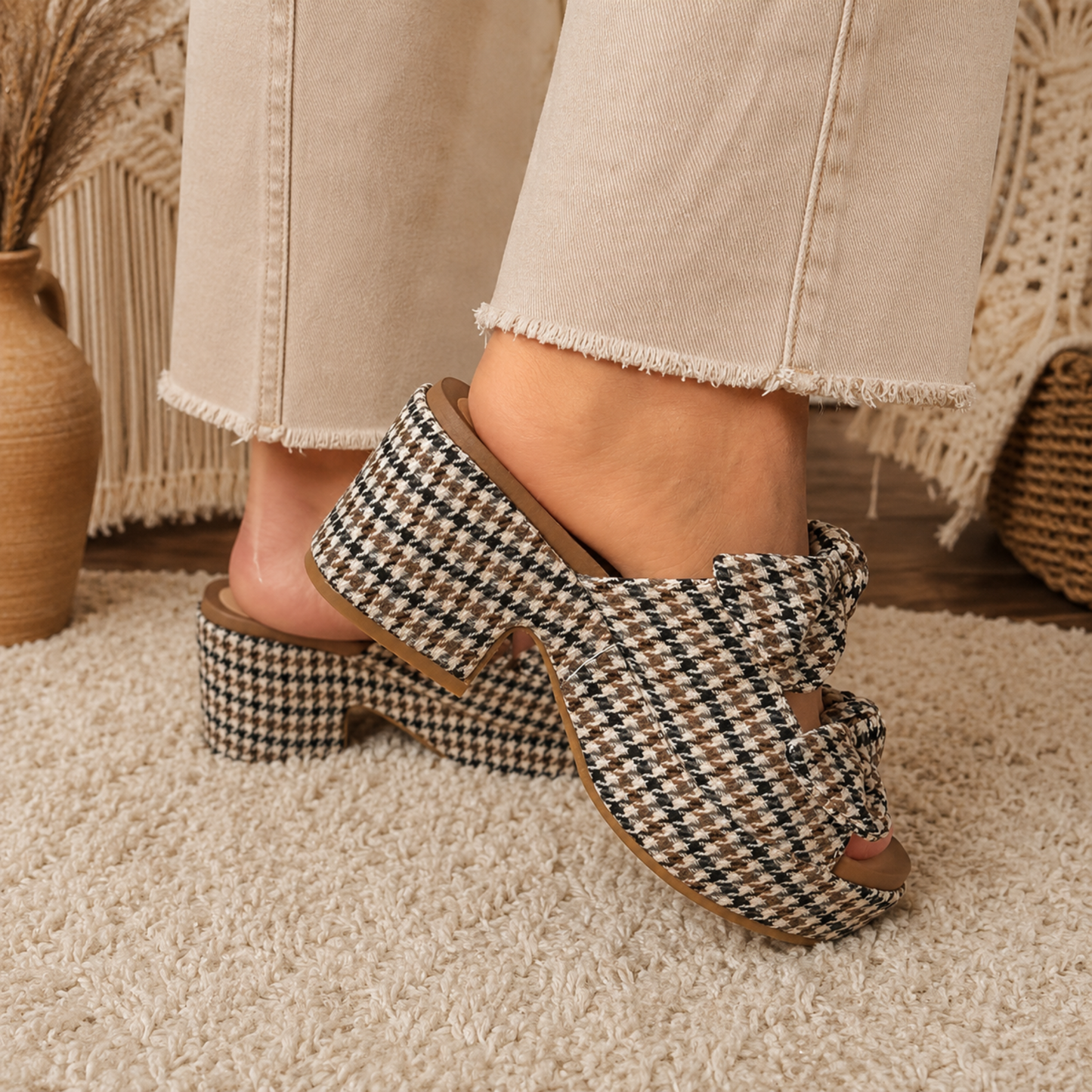 Corky's Black Tan Houndstooth Put A Bow On It Chunky Sandals - SV Boutique & Co.