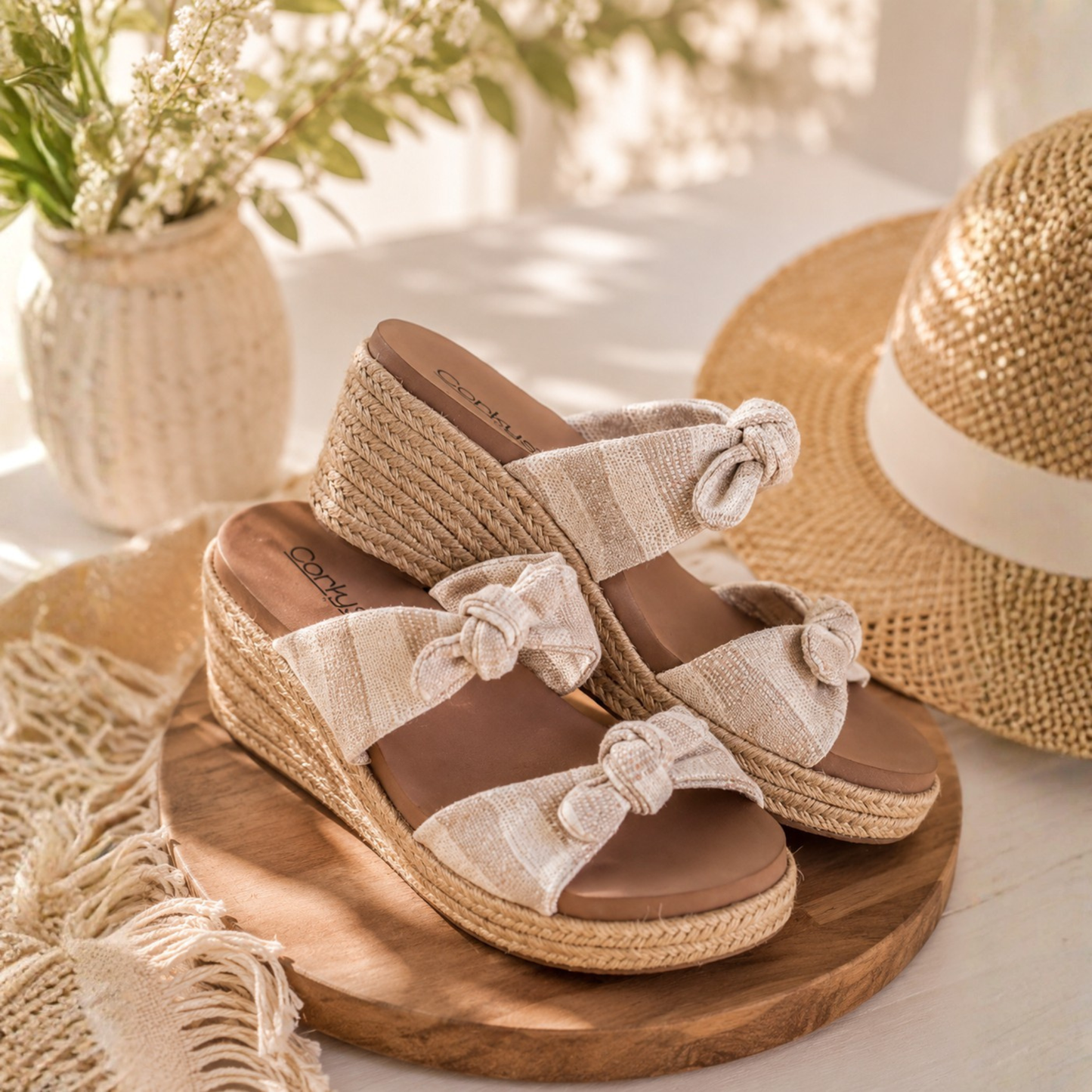 Corkys Tie The Knot Tan Natural Stripe Wedge Sandal - SV Boutique & Co.