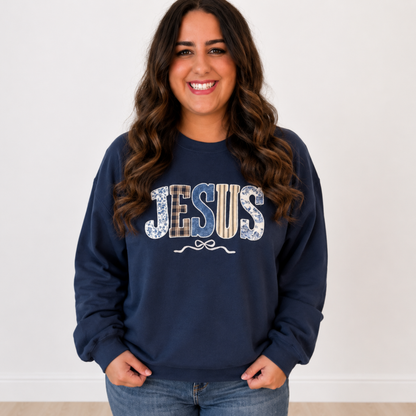 Jesus Patchwork Appliqué Navy Sweatshirt