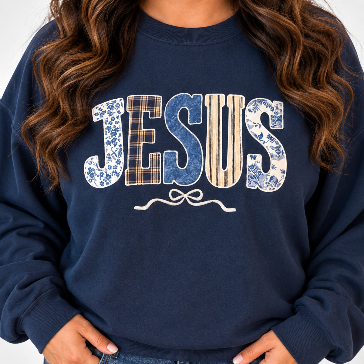 Jesus Patchwork Appliqué Navy Sweatshirt