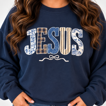 Jesus Patchwork Appliqué Navy Sweatshirt
