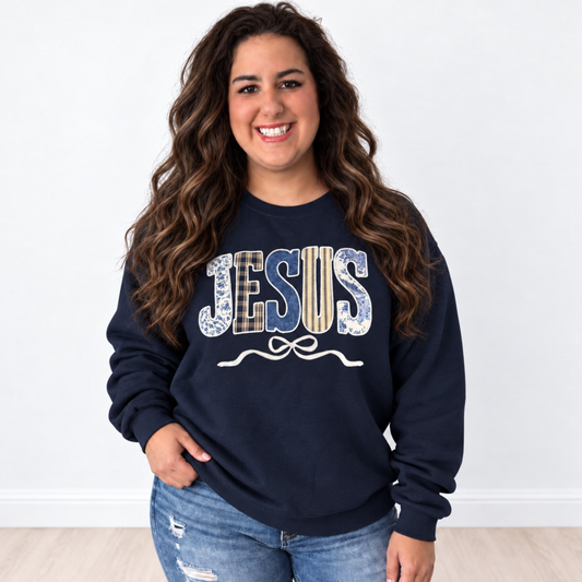 Jesus Patchwork Appliqué Navy Sweatshirt