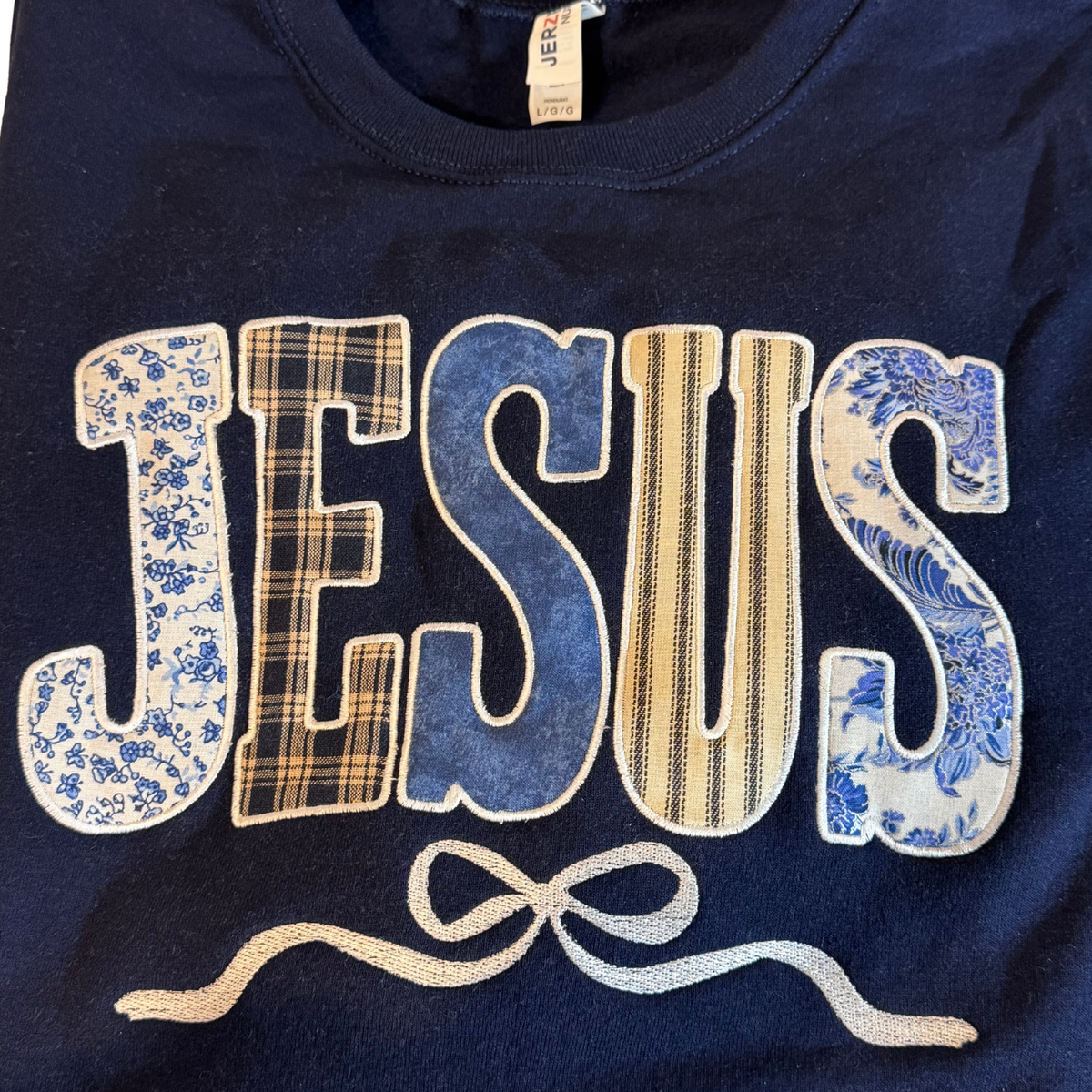 Jesus Patchwork Appliqué Navy Sweatshirt - SV Boutique & Co.