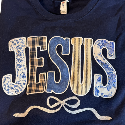 Jesus Patchwork Appliqué Navy Sweatshirt - SV Boutique & Co.