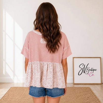 Pink Waffle Floral Babydoll  Slub Top FINAL SALE - SV Boutique & Co.