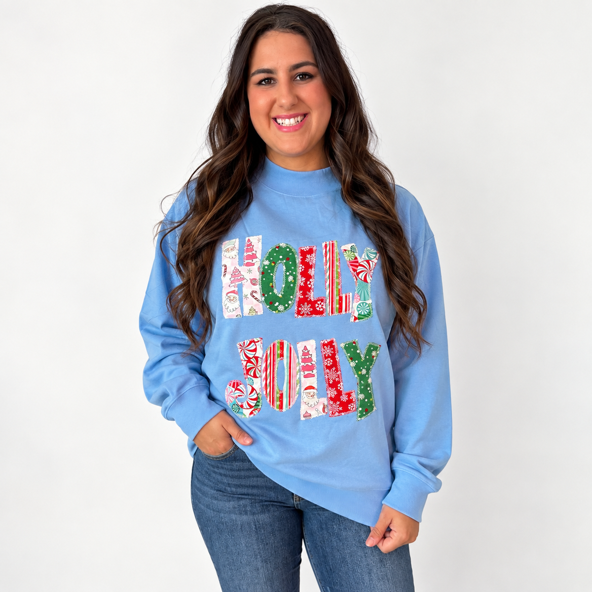 Holly Jolly Patchwork Mock Neck Sweatshirt