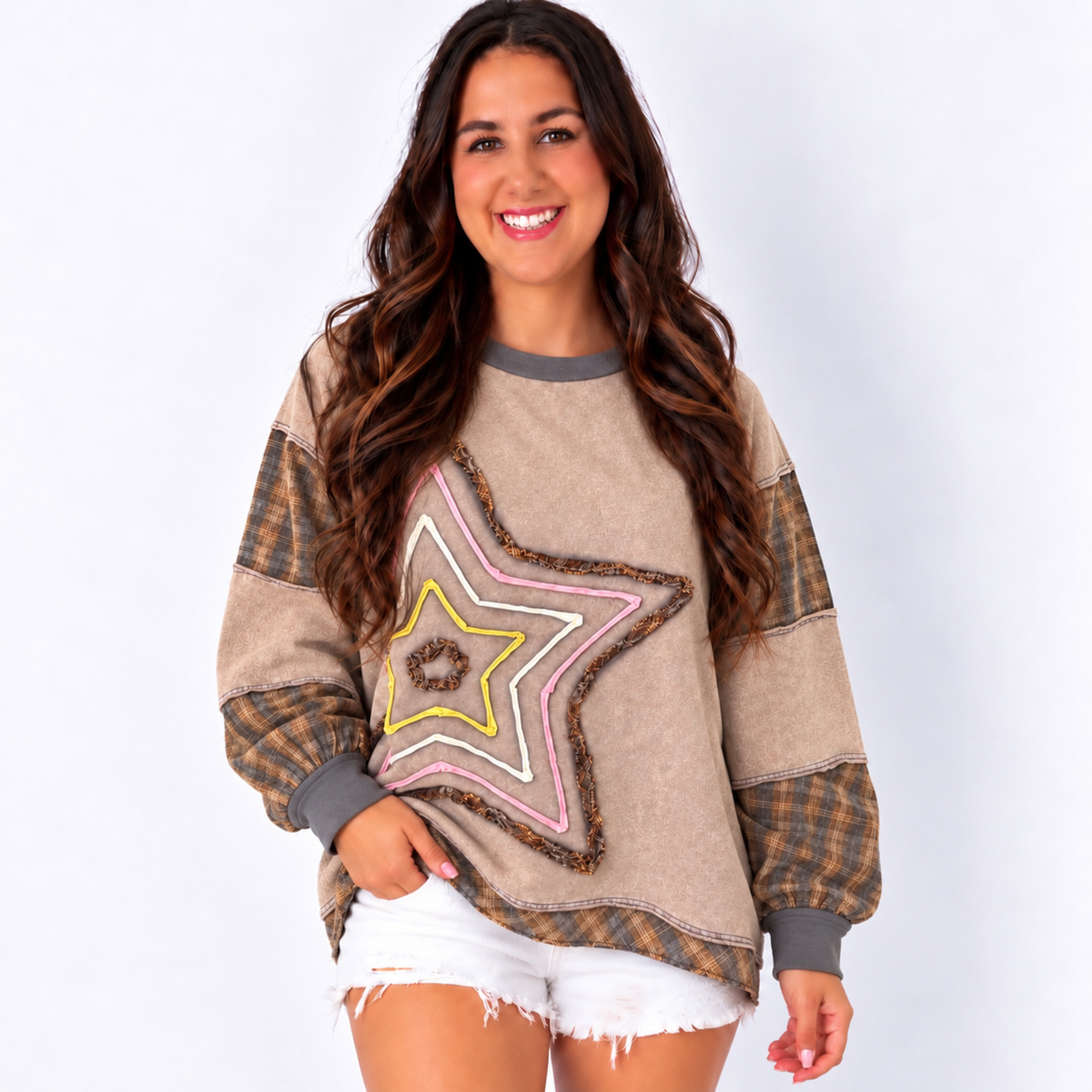 Star Patch Oversized Crewneck Pullover - SV Boutique & Co.