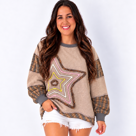 Star Patch Oversized Crewneck Pullover - SV Boutique & Co.