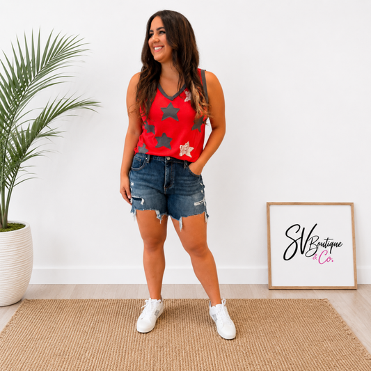 RISEN MID RISE PATCHED DENIM SHORTS – REGULAR & PLUS SIZE - SV Boutique & Co.