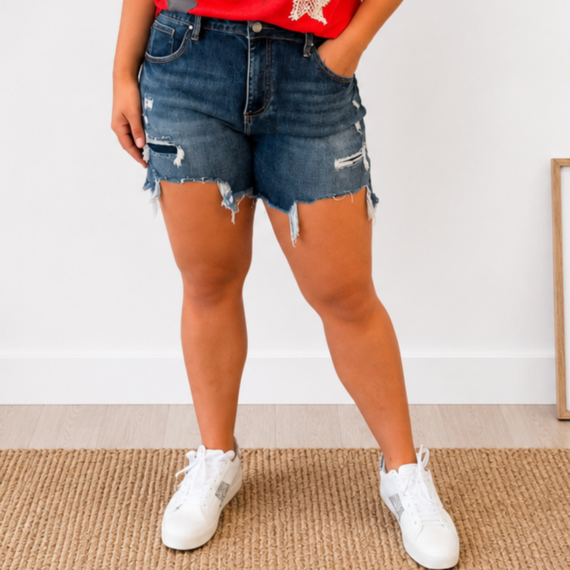 RISEN MID RISE PATCHED DENIM SHORTS – REGULAR & PLUS SIZE - SV Boutique & Co.