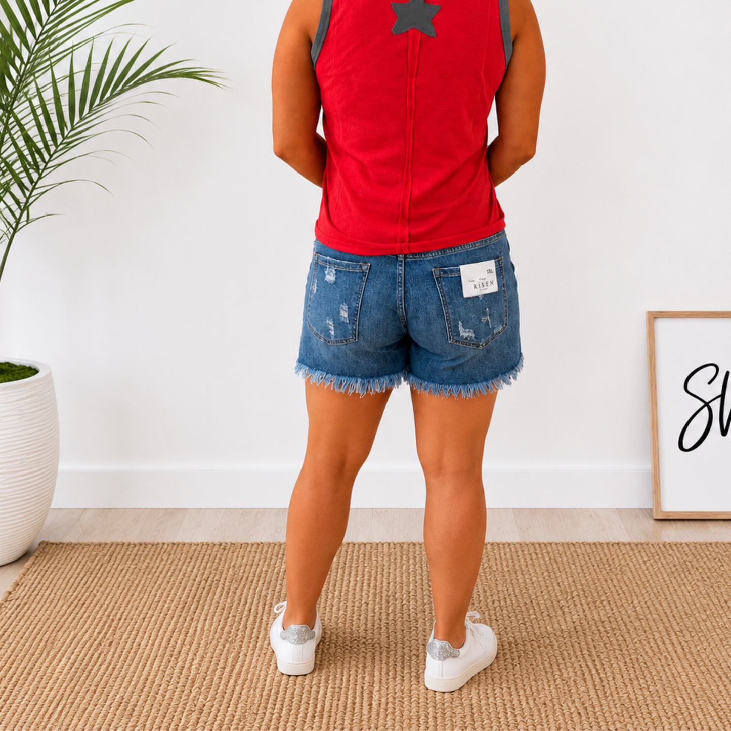 RISEN MID RISE PATCHED DENIM SHORTS – REGULAR & PLUS SIZE - SV Boutique & Co.