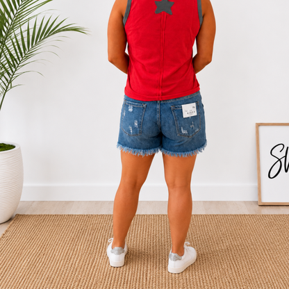 RISEN MID RISE PATCHED DENIM SHORTS – REGULAR & PLUS SIZE - SV Boutique & Co.