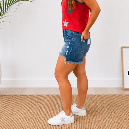 RISEN MID RISE PATCHED DENIM SHORTS – REGULAR & PLUS SIZE - SV Boutique & Co.