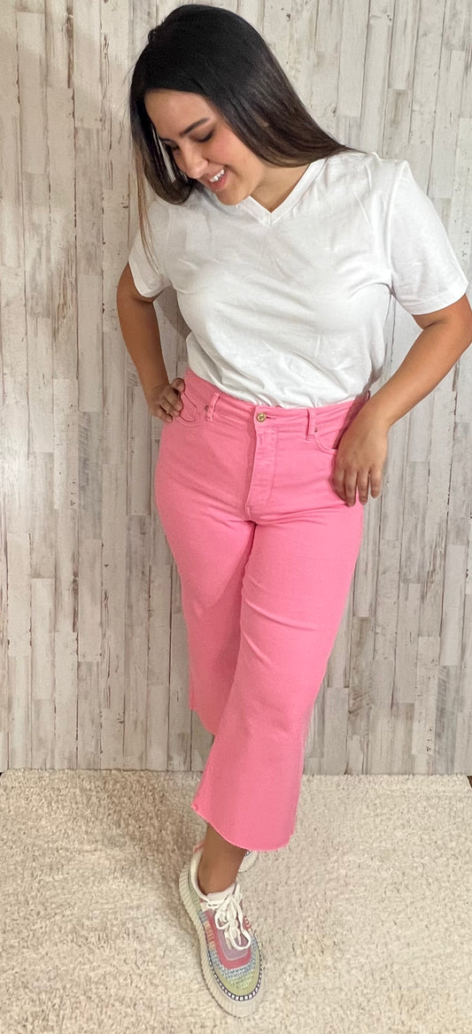 JUDY BLUE PINK PUNCH HIGH RISE TUMMY CONTROL WIDE LEG CROPPED JEAN - SV Boutique & Co.