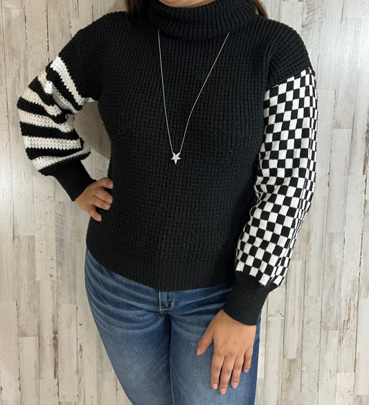 Black Drop Shoulder Turtle Neck Waffle Knitted Sweater - SV Boutique & Co.