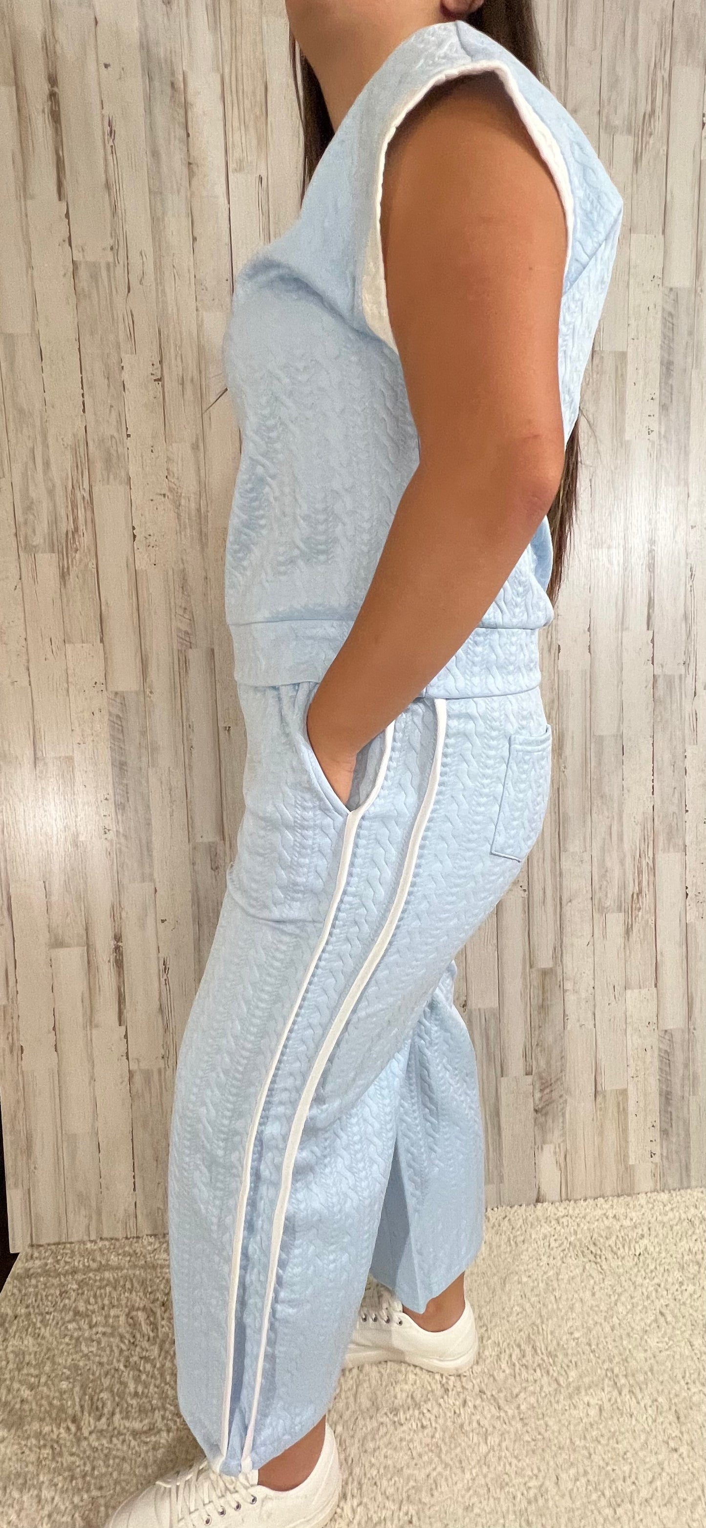 Beau Blue Textured Colorblock Edge Sleeveless Top High Waist Pants Set - SV Boutique & Co.