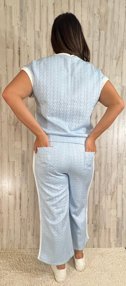 Beau Blue Textured Colorblock Edge Sleeveless Top High Waist Pants Set - SV Boutique & Co.