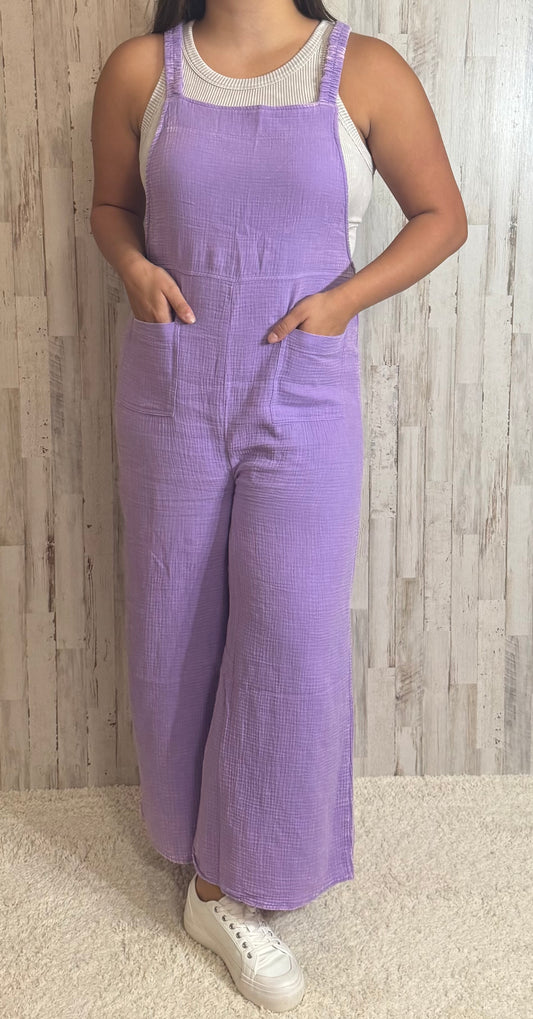 Grape Crush Washed double gauze elastic waist wide leg overalls - SV Boutique & Co.