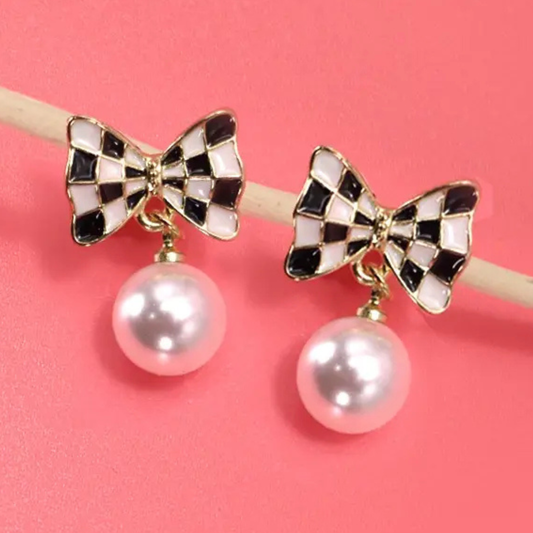 Checker Bow Pearl Drop Earrings