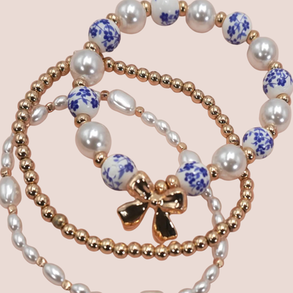 Blue Porcelain Bow Layered Pearl Bracelet
