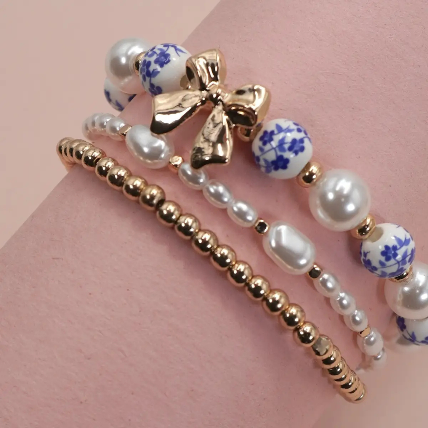 Blue Porcelain Bow Layered Pearl Bracelet