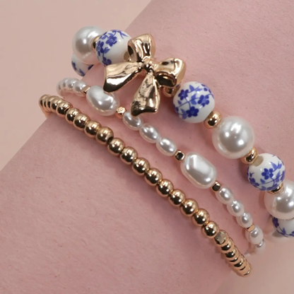 Blue Porcelain Bow Layered Pearl Bracelet
