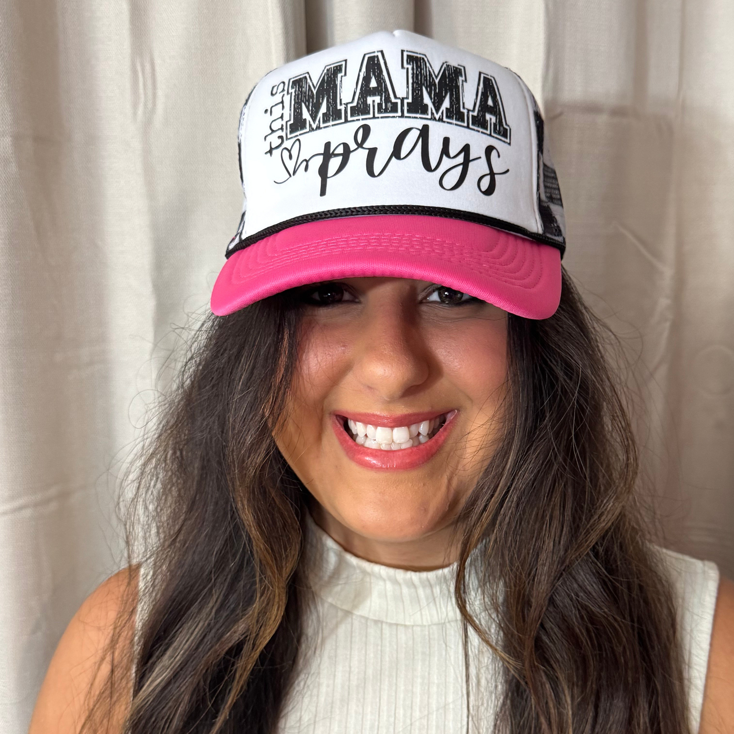 This Mama Prays Checkered Trucker Hat