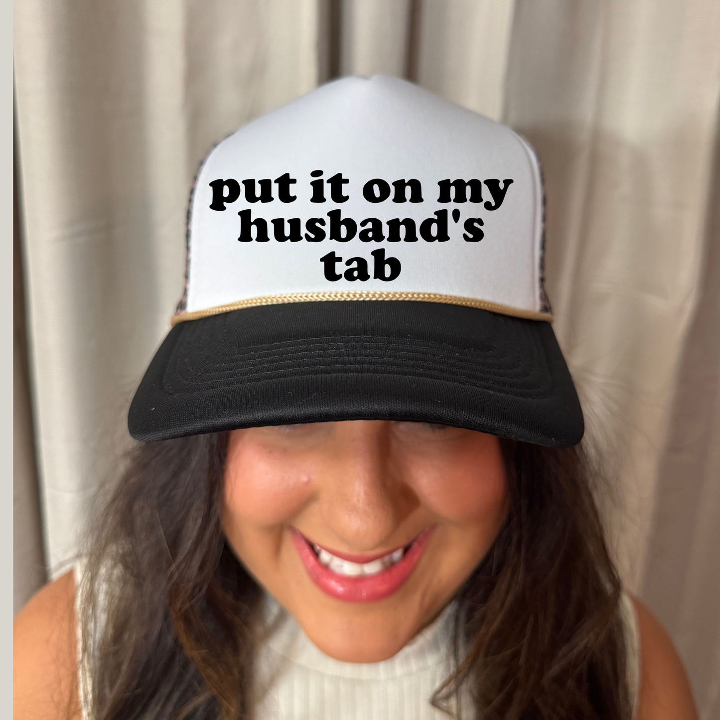 Put It On My Husbands Tab Leopard Trucker Hat