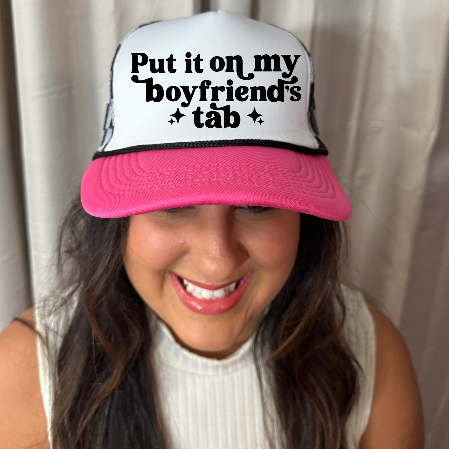 Put It On My Boyfriend's Tab Leopard Trucker Hat