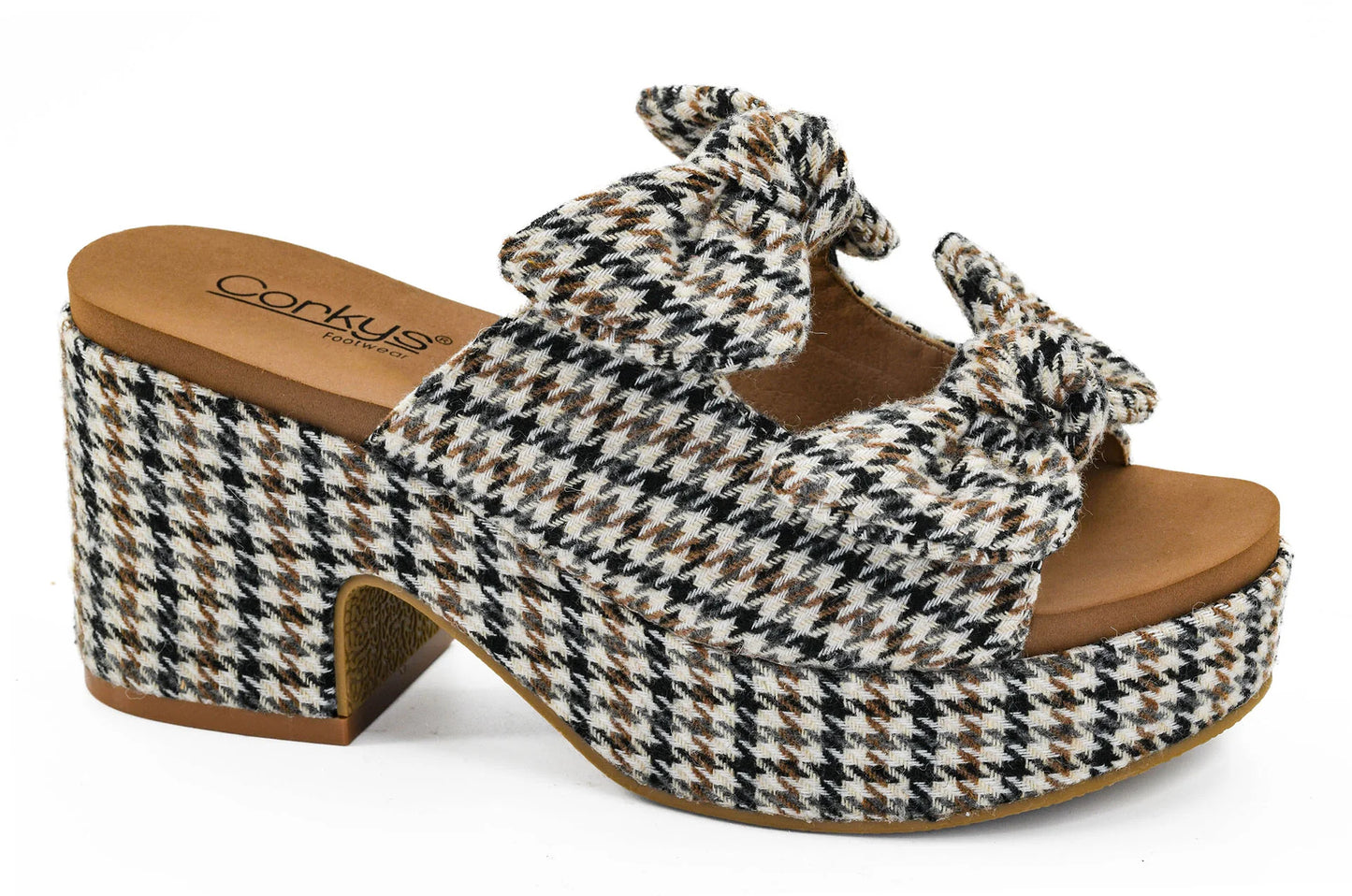 Corky's Black Tan Houndstooth Put A Bow On It Chunky Sandals