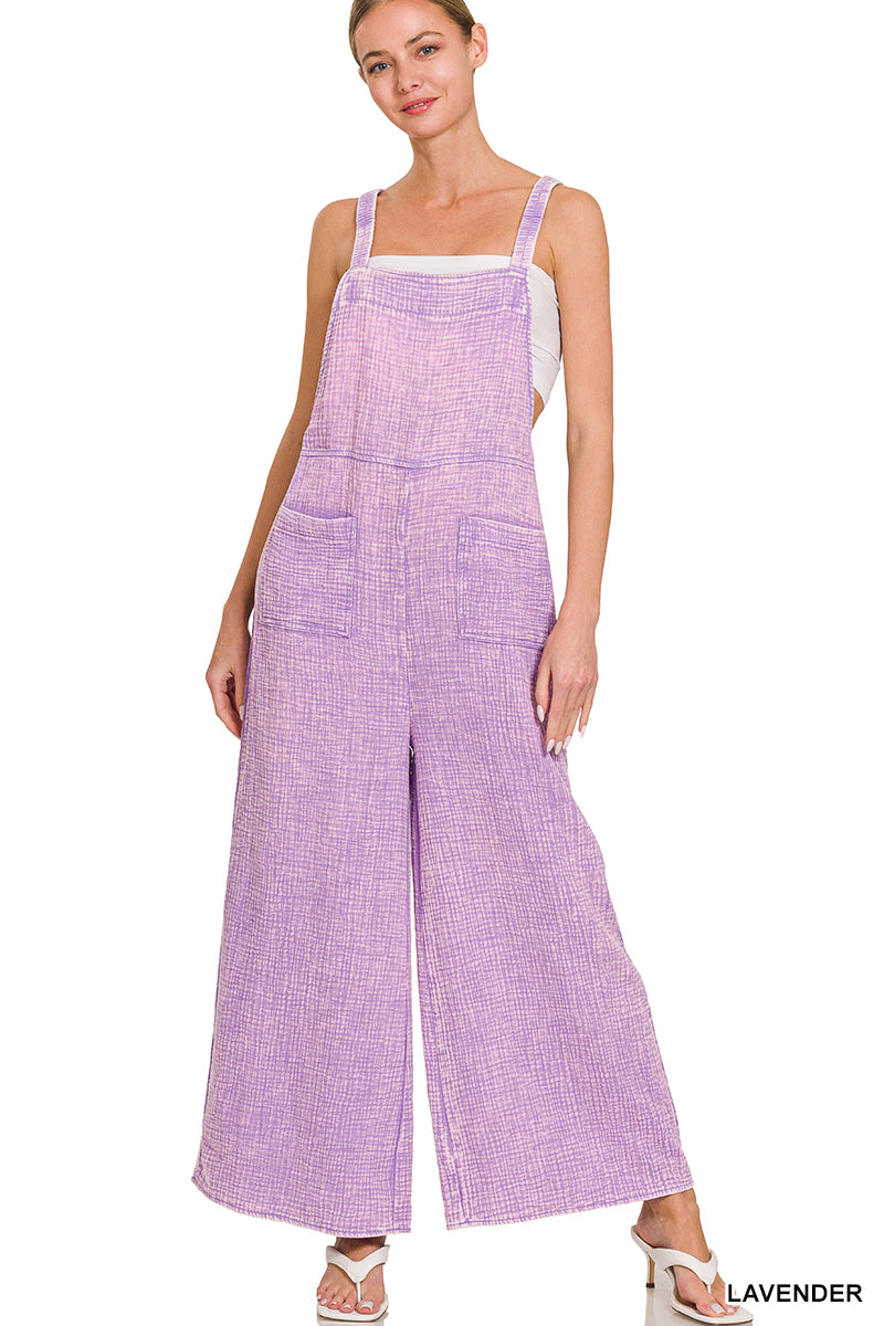 Grape Crush Washed double gauze elastic waist wide leg overalls - SV Boutique & Co.