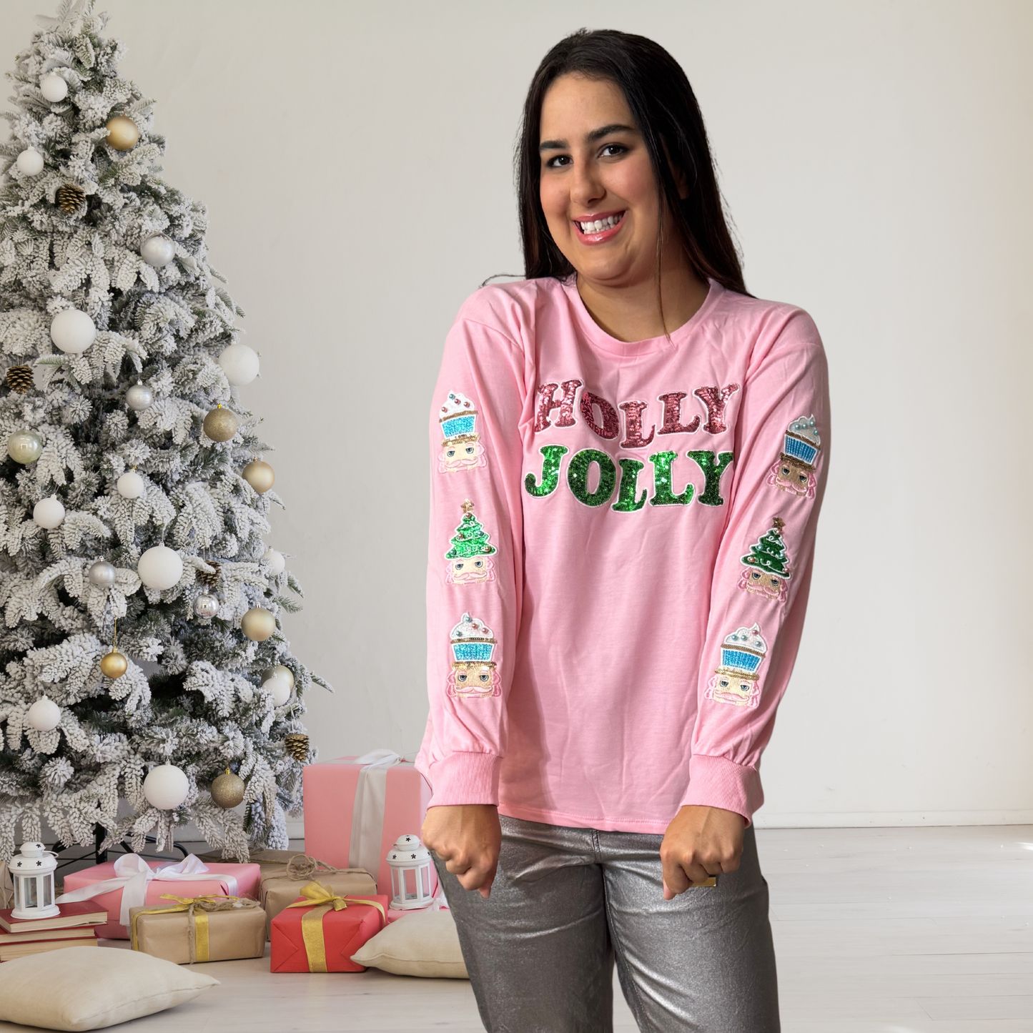 Holly Jolly Sequin On Pink Sweatshirt