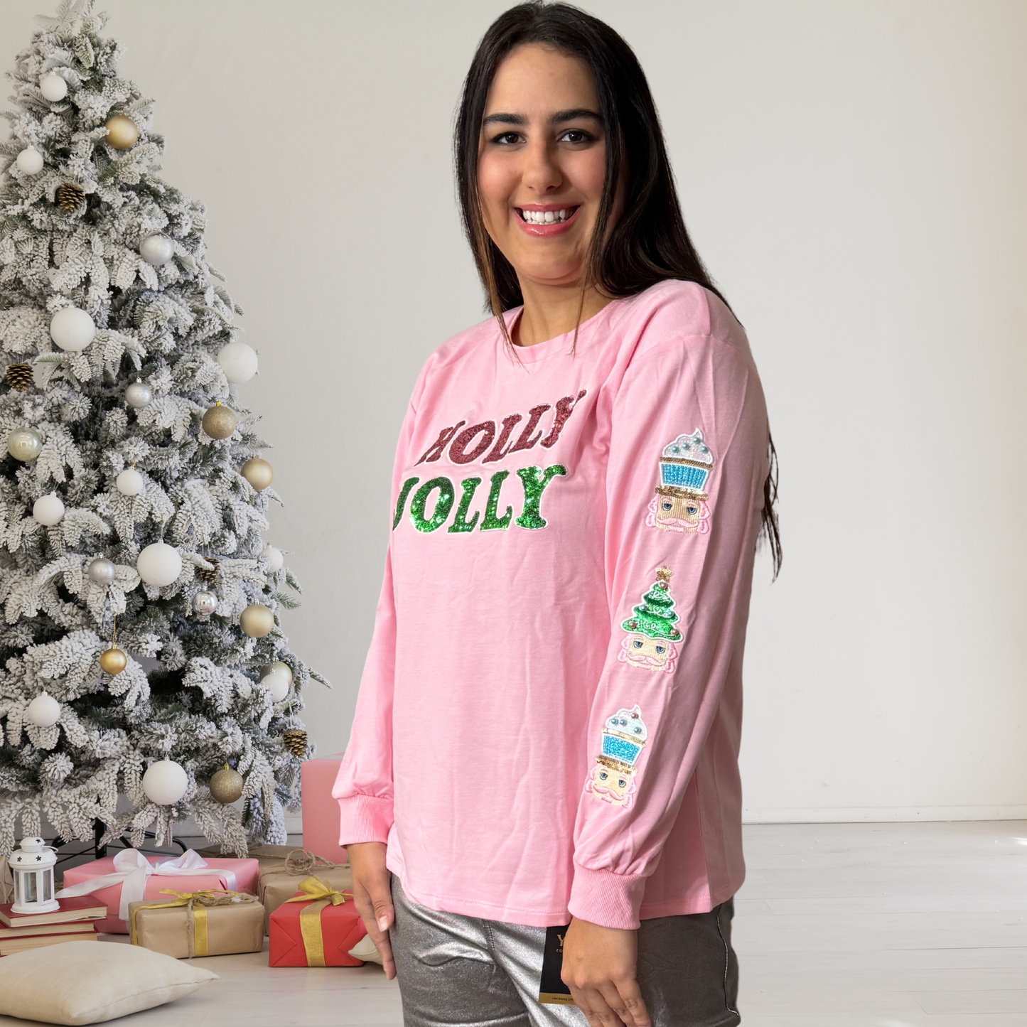 Holly Jolly Sequin On Pink Sweatshirt