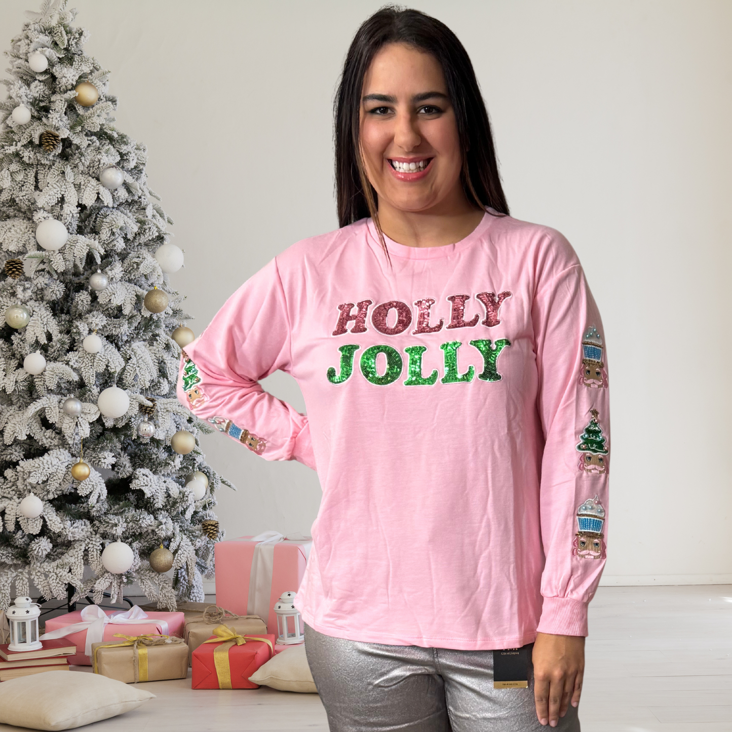 Holly Jolly Sequin On Pink Sweatshirt