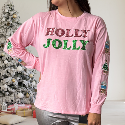 Holly Jolly Sequin On Pink Sweatshirt