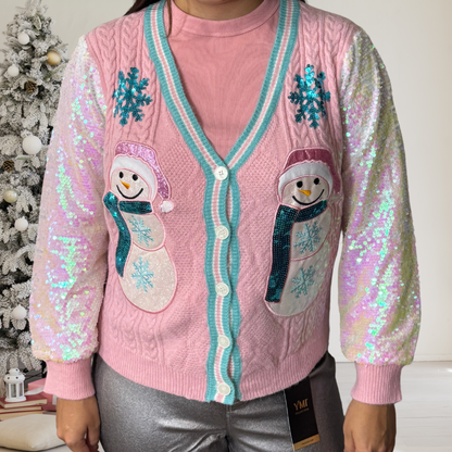 Snowman Cardigan with Sequin Sleeves Grace + Emma